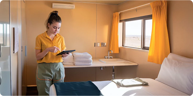 Workforce accommodation staff member using a tablet to inspect a FIFO accommodation unit at a remote worker camp.