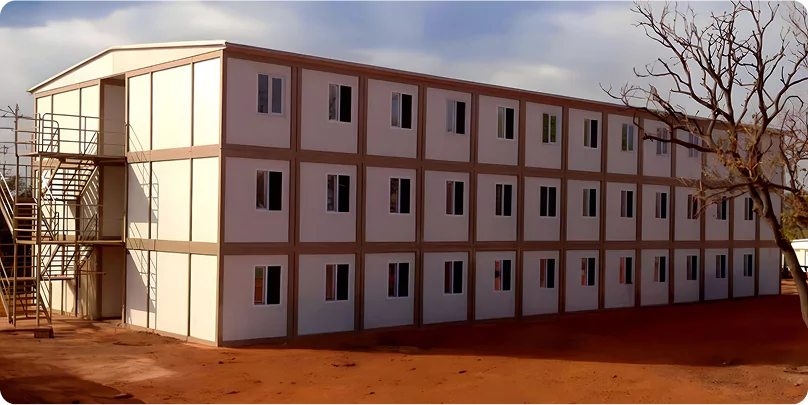 Private Workforce Camp Room At Remote Site Three-story modular camp dormitory used for FIFO workforce accommodation in a remote african desert site.