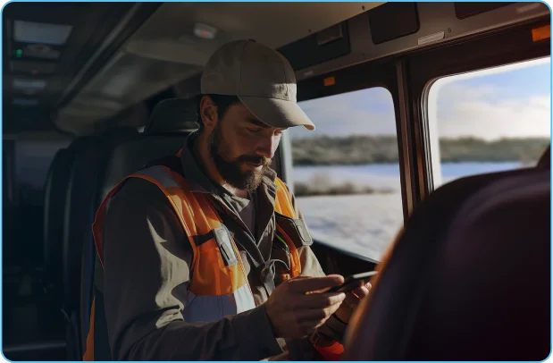 FIFO worker reads phone while being transported via bus to remote camp.