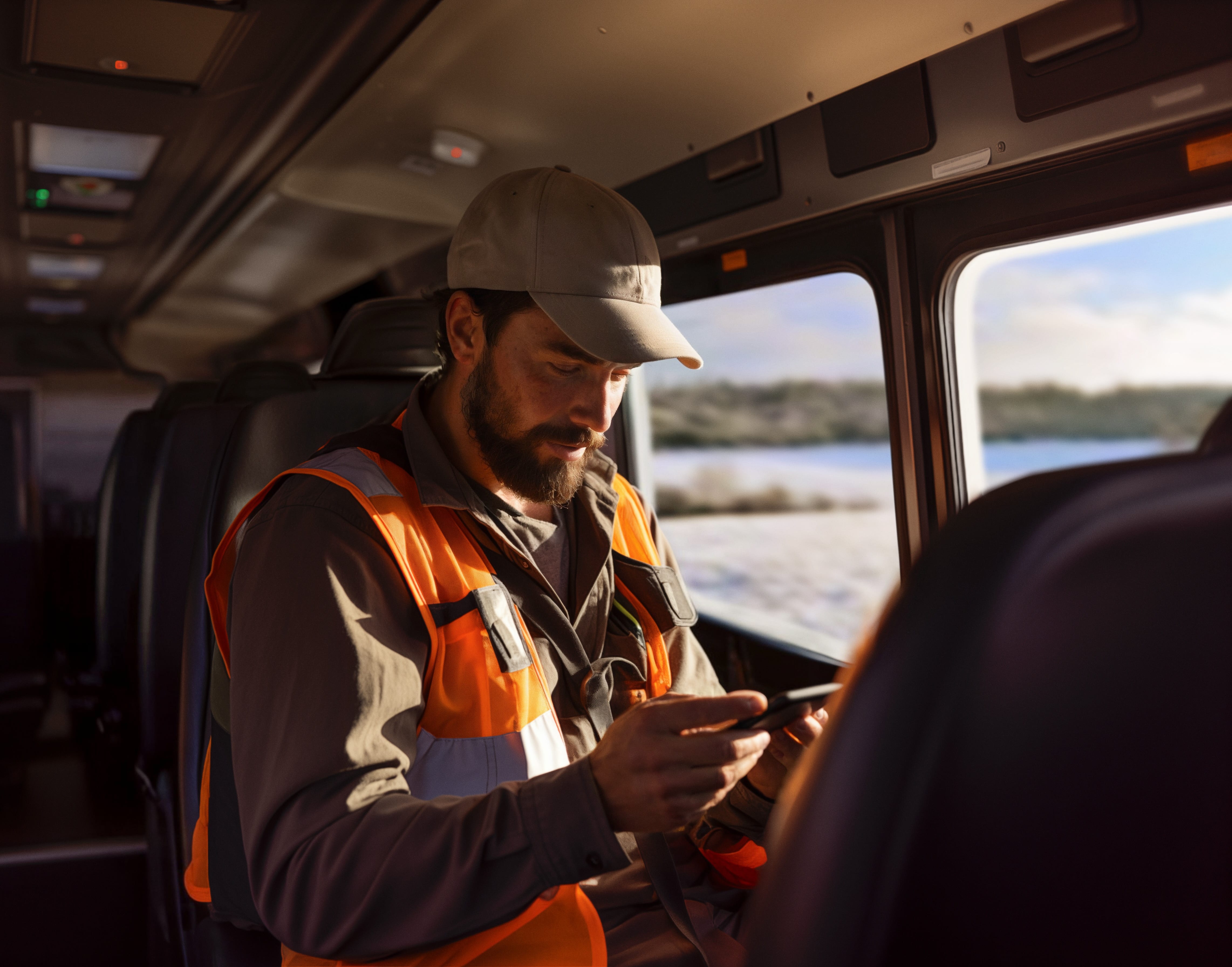 Fly-in fly-out worker texts on cellphone while riding a bus with a snowy climate visible from bus window.