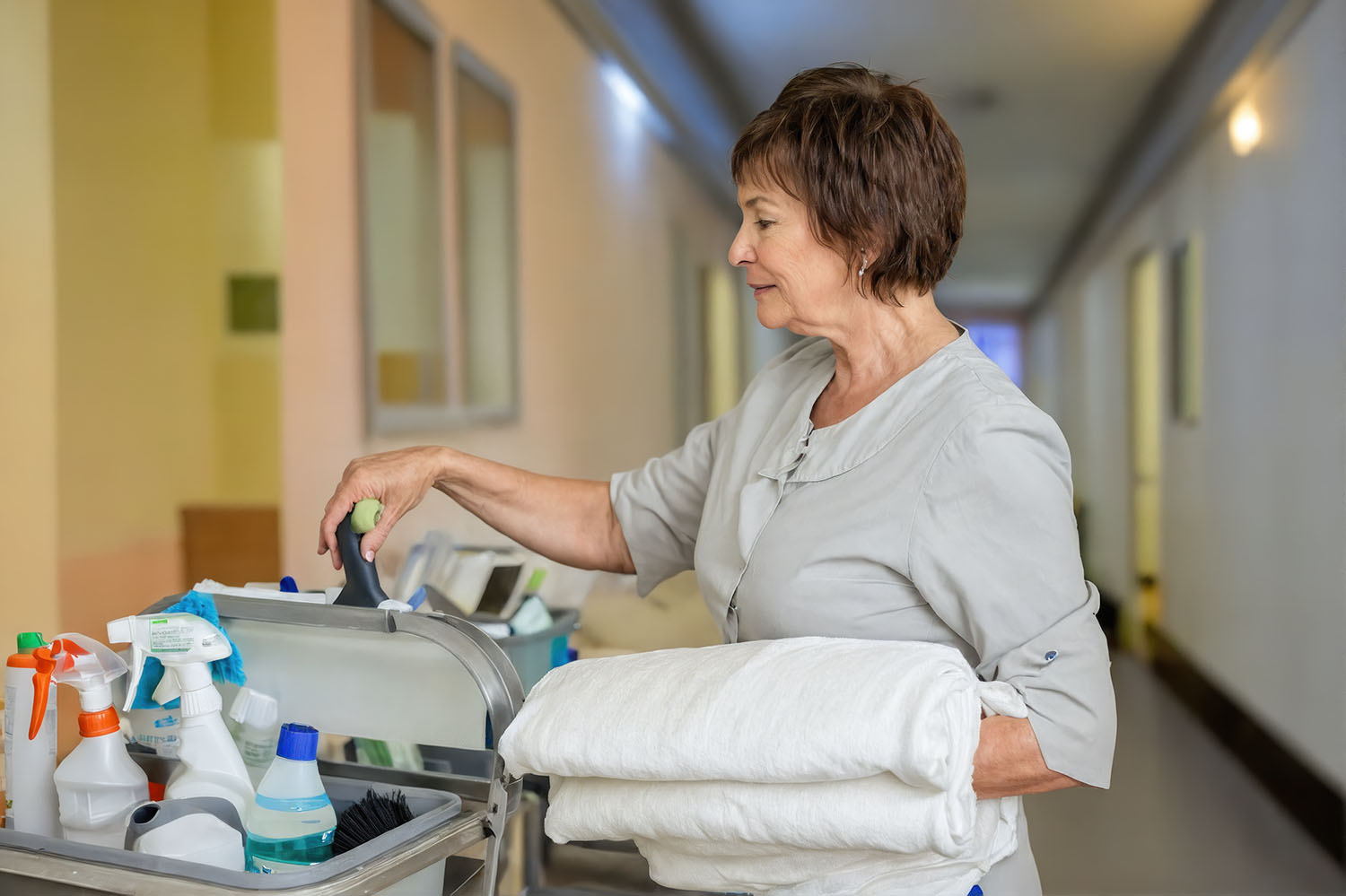 Cleaning person rummages through cleaning supplies in the hallway of a remote camp with multiple bedroom doors open and illuminated.