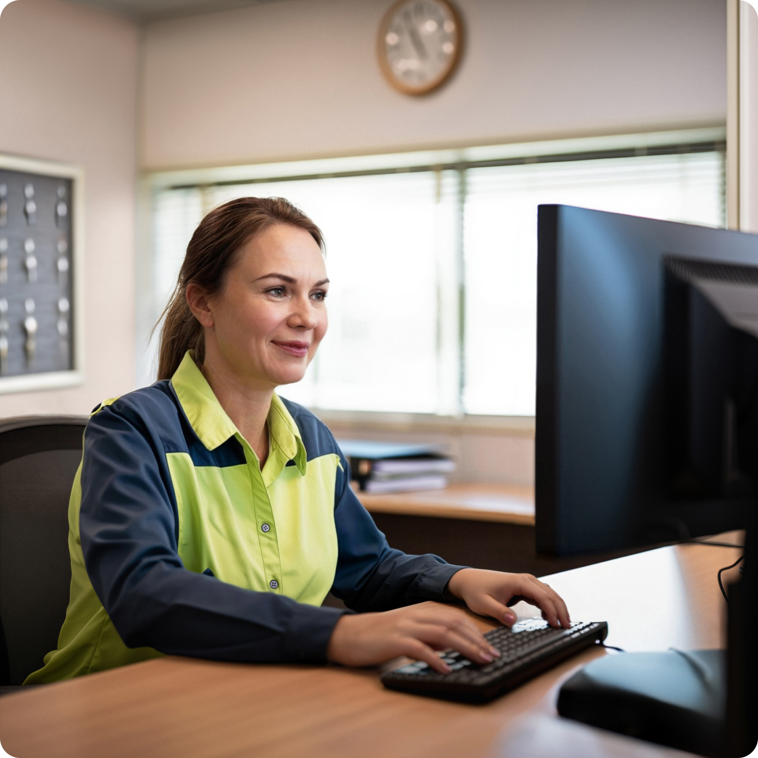 Woman types and looks at computer in the reception area of a workforce camp with room keys hanging behind her.